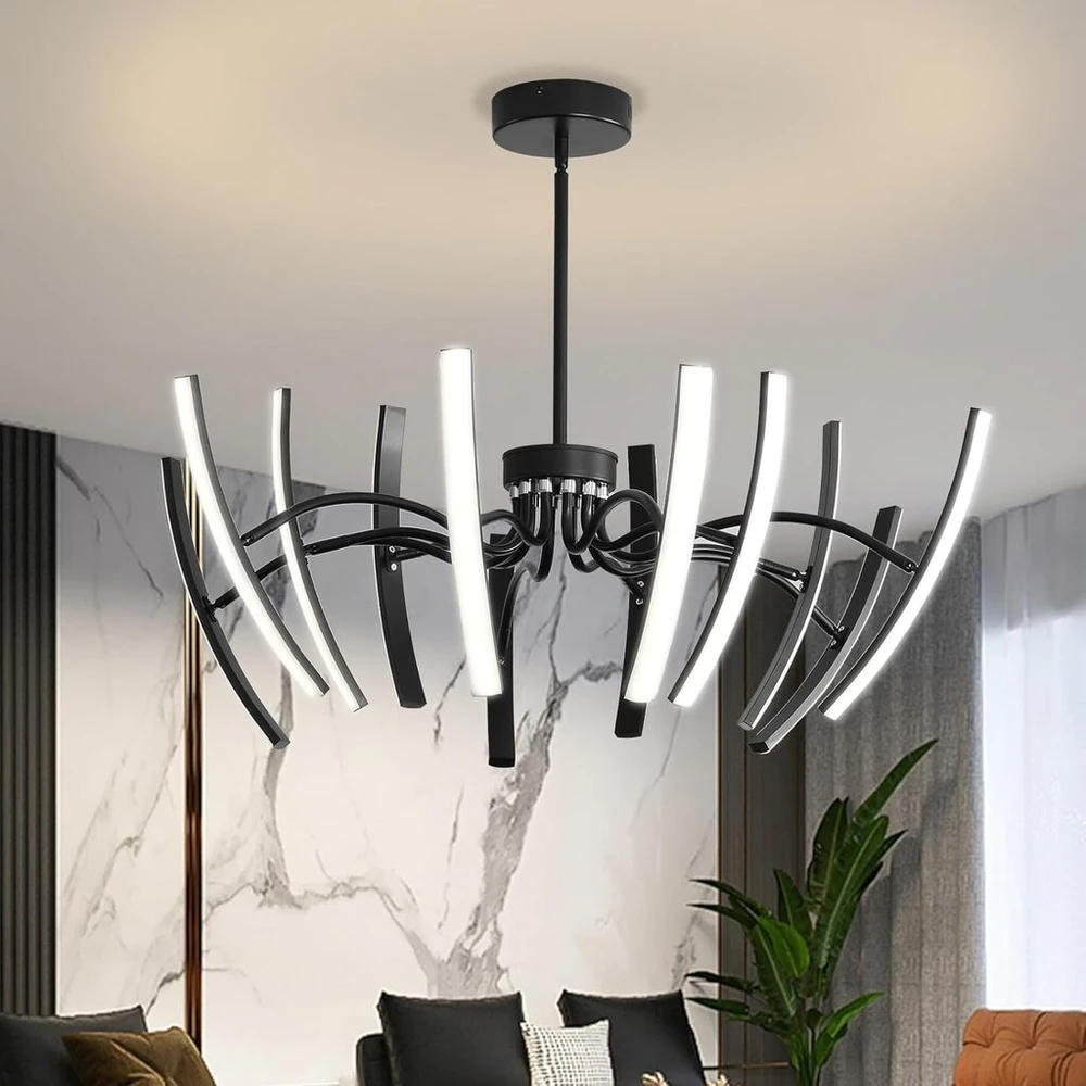 Pakabinamas šviestuvas 120 W pritemdomas sietyninis lubų šviestuvas svetainei modernūs pakabinami šviestuvai su besisukančiu led šviestuvo korpusu, juodas 3000–6000 K, pakabinamas lubų šviestuvas svetainei, miegamajam, valgomajam, φ1100 x H580