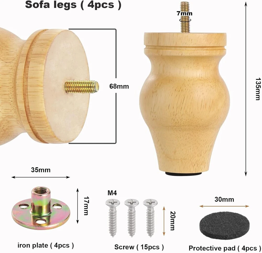Fotelis 13.5 cm medinės stalo kojos, 4 vnt., medinės sofos kojelės, medžio masyvo baldų kojelės, medžio masyvo kojos, kūginės stalo kojelės su montavimo plokštelėmis ir varžtais sofai-lovai