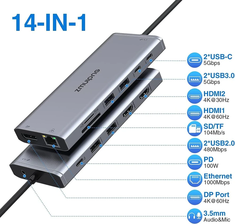 14-in-1 Usb-c dokų stotelė su 2x 4k Hdmi, Dp, Ethernet