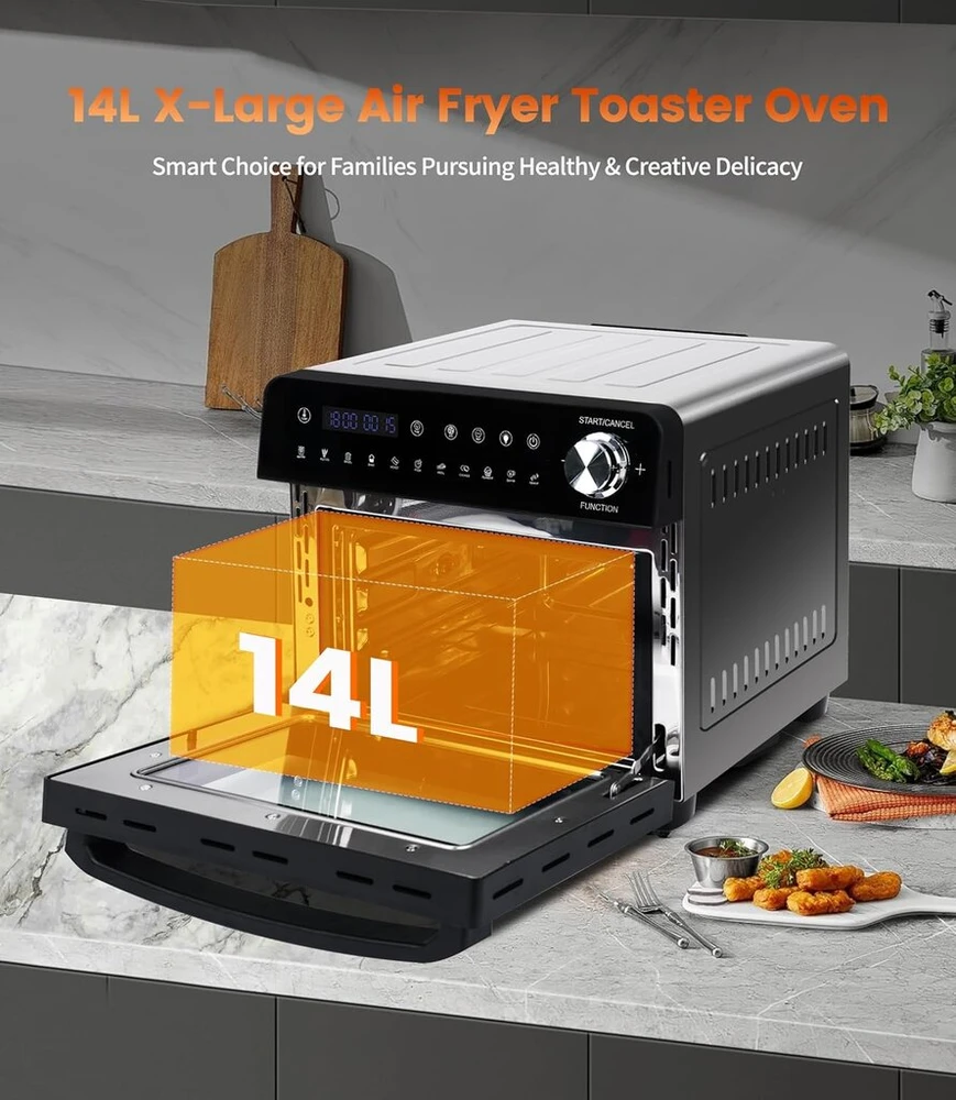 14l mini orkaitė-gruzdintuvė universali 1800w airfryer xxl su langu, 11-in-1 orkaitė maksimali temperatūra 210°c jutiklinis ekranas, karšto oro gruzdintuvė mini orkaitė su 7 priedais ir receptų knyga