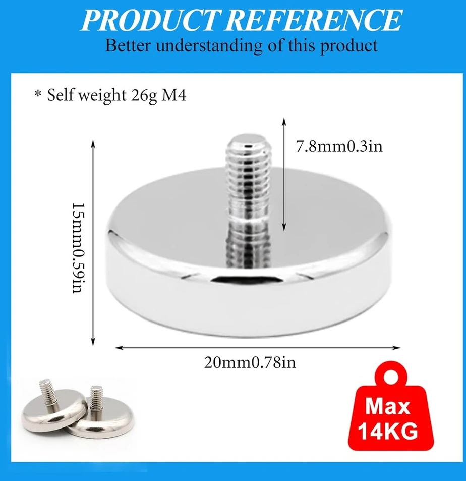 15 neodimio magnetų, 20 mm skersmens, su m4 sriegiu, 14 kg sukibimo jėga, magnetinės sistemos, apvalūs neodimio magnetai su sriegiu, ypač stiprūs magnetai varžtams, kilpelėms ar kabliams