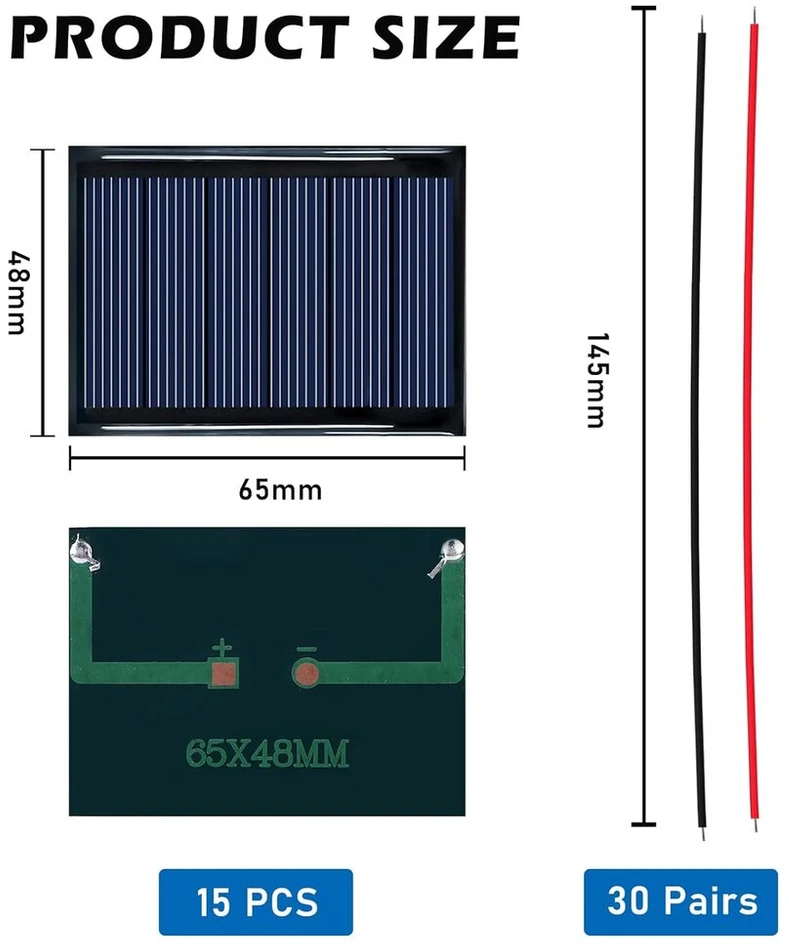 15 vnt. mini saulės elementų rinkinys, 3v 0.3w, 65x48mm