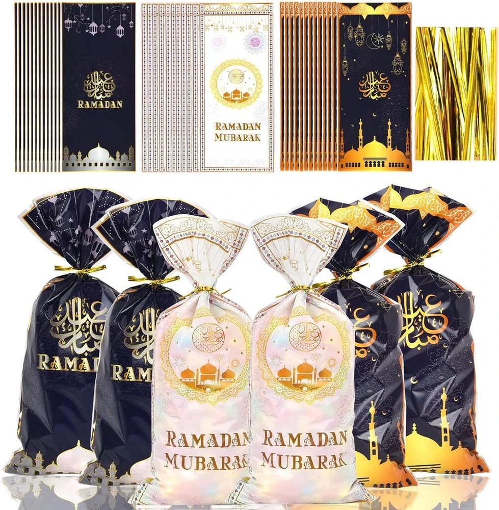 150 vienetų 15 x 10 cm Eid Mubarak maišeliai ramadano dekoratyviniai maišeliai dovanų maišeliai su mėnulio, žvaigždės ir užrakto elementais, maišeliai su auksinėmis juostelėmis vakarėlių maišeliams, saldainių maišelis vaikų gimtadienio vakarėliui