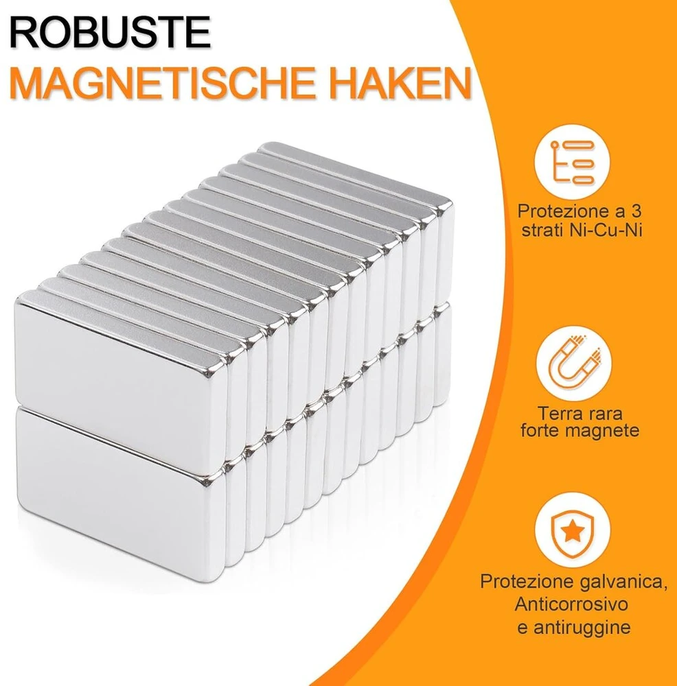 16 magnetų rinkinys, stiprūs, 20 x 10 x 3 mm neodimio magnetai itin stiprūs, magnetai magnetinei lentai, itin stiprūs retųjų žemių magnetai, stačiakampiai magnetai virtuvės spintelei, biurui, baltajai lentai