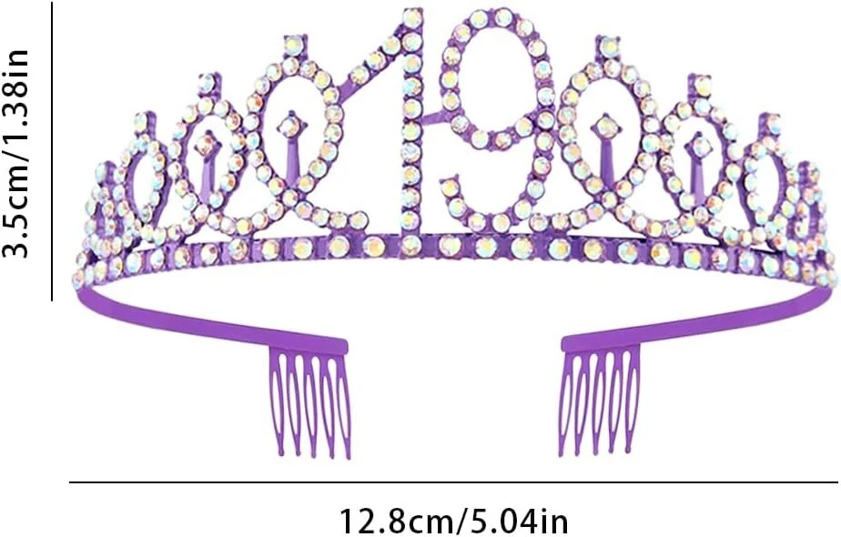 19-ojo gimtadienio karūna ir juosta mergaitėms krištolinė karalienės tiara princesės karūna violetinė 19-ojo gimtadienio juosta 19-ojo gimtadienio karūna gimtadienio juosta mergaitėms gimtadienio dekoracija gimtadienio dovana