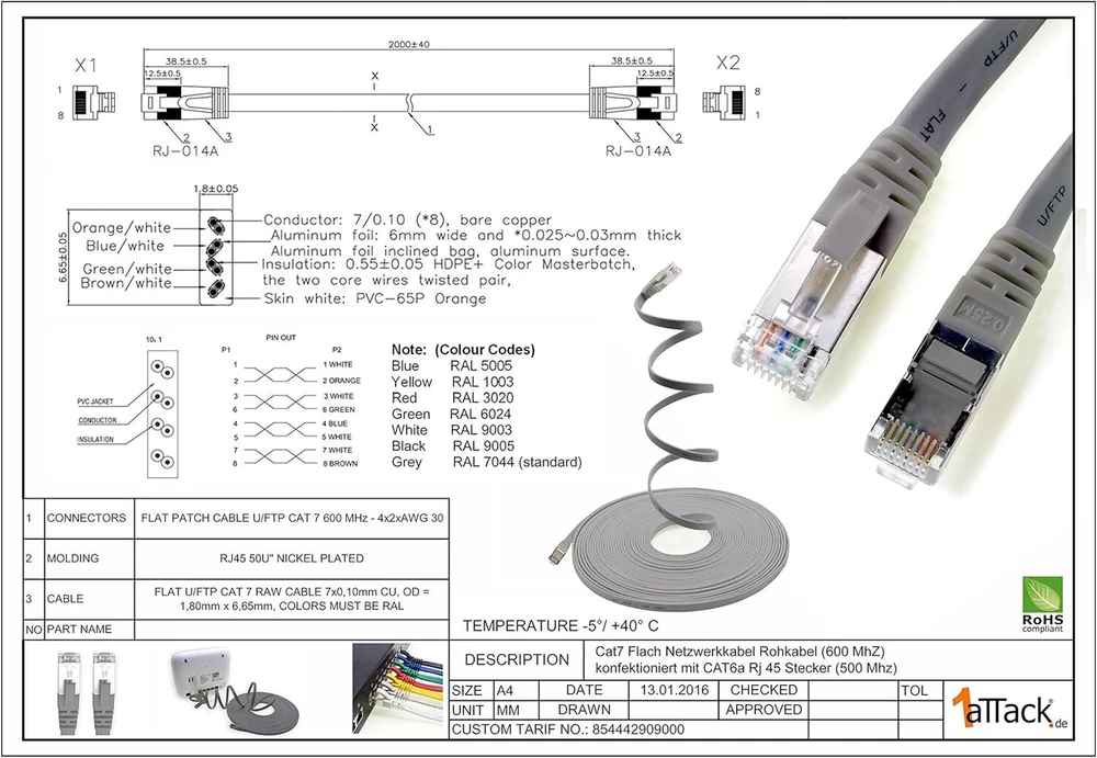 1attack.de 2 m - geltona - 5 vnt. cat.7 gigabit ethernet lan plokščias juostinis kabelis (rj45) tinklo kabelis neapdorotas kabelis (10 gbit/s) instaliacinis kabelis plonas suderinamas su cat.5 - cat.5e - cat.6