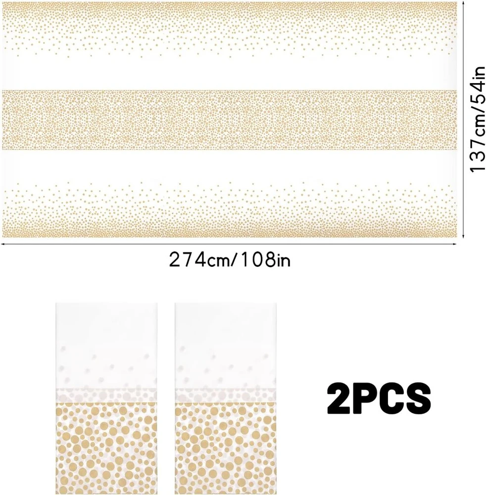 2 auksinių taškelių vakarėlio staltiesių rinkinys, 137 x 274 cm gimtadienio vestuvių staltiesė, plastikinės staltiesės, stačiakampis stalo užtiesalas, sodo staltiesė, vandeniui atsparios staltiesės