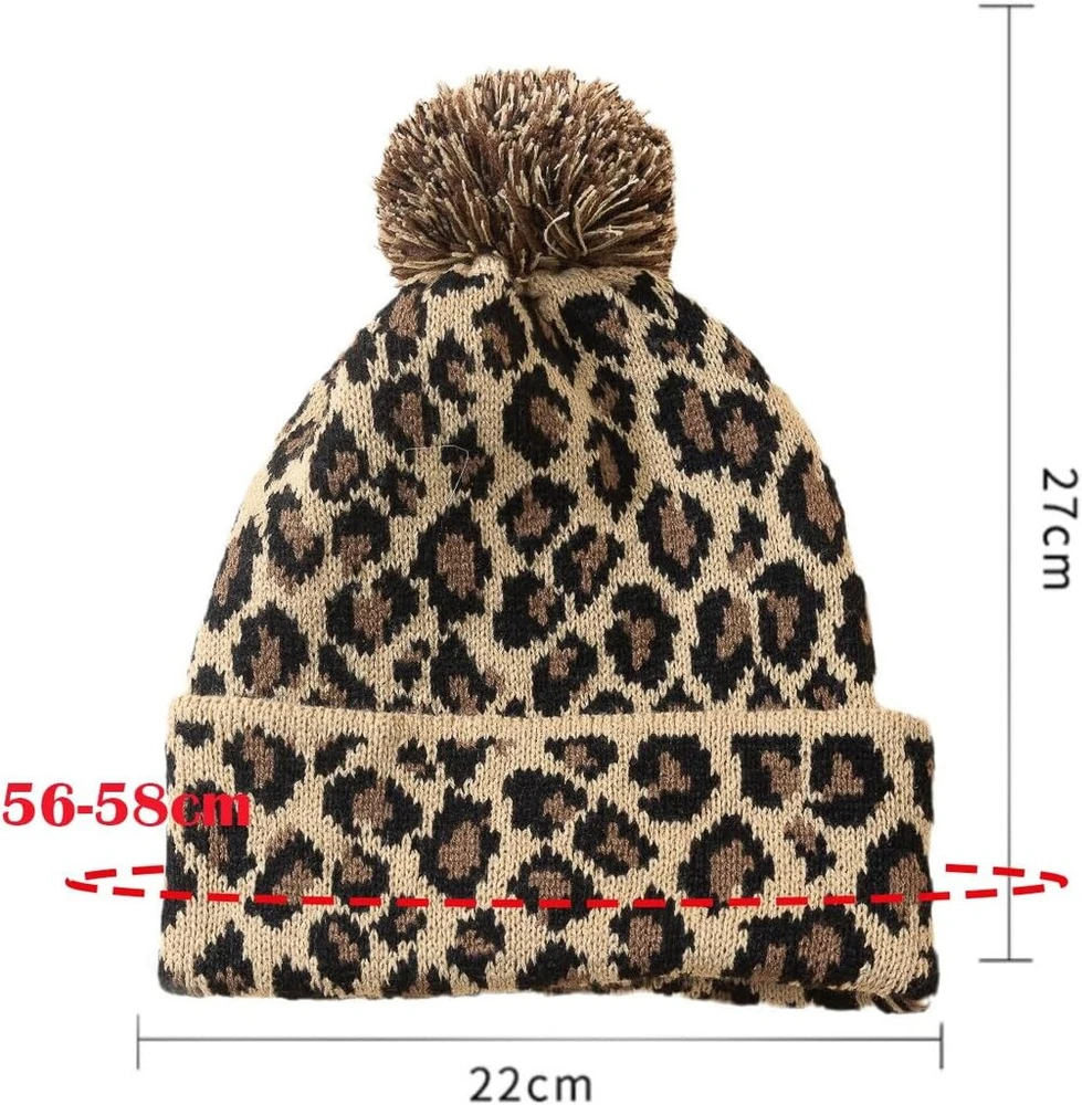2 dalių megzta kepurė moterims su leopardo rašto burbuliuku, žieminė šilta kepurė, megzta kepurė su gyvūnų raštu, beanie kepurė su bumbulu, beanie kepurė su gyvūnų raštu, leopardo rašto vilnonė kepurė, slidinėjimo kepurė moterims ir mergaitėms