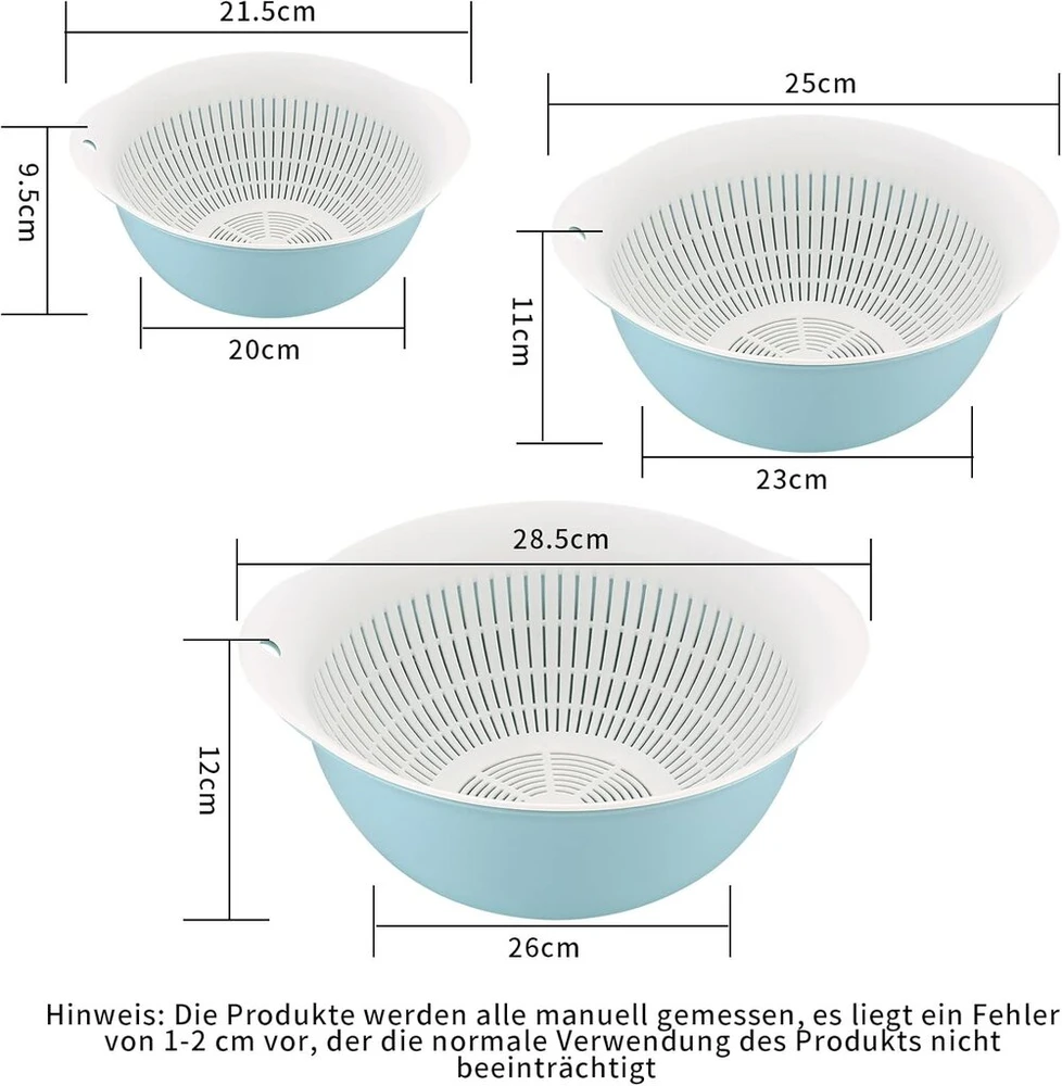 2-in-1 daugiafunkcinis virtuvės koštuvas, 3 dalių dvigubo sluoksnio koštuvų rinkinys, plastikinis makaronų koštuvas, kiaurasamtis vaisiams, ryžiams, daržovėms, salotoms, virtuvinis koštuvas, 3 dydžių, mėlynas