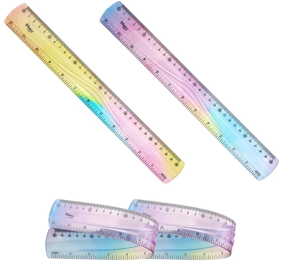 2 lanksčių liniuočių rinkinys mokyklai, lanksti 30 cm liniuotė, minkšta plastikinė liniuotė su spalvų gradientu, lanksti liniuotė su centimetrine ir coline skale studentams, vaikams, klasei, biurui, namams