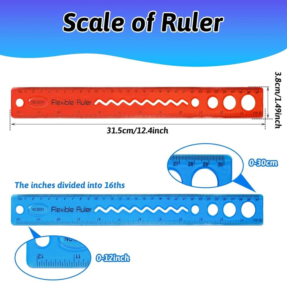 2 liniuočių rinkinys, 30 cm, plastikinė liniuotė, lanksti liniuotė, minkšta liniuotė mokiniams, tiesi liniuotė vaikams ir suaugusiems, mokiniams, mokyklai, klasei (raudona + mėlyna)