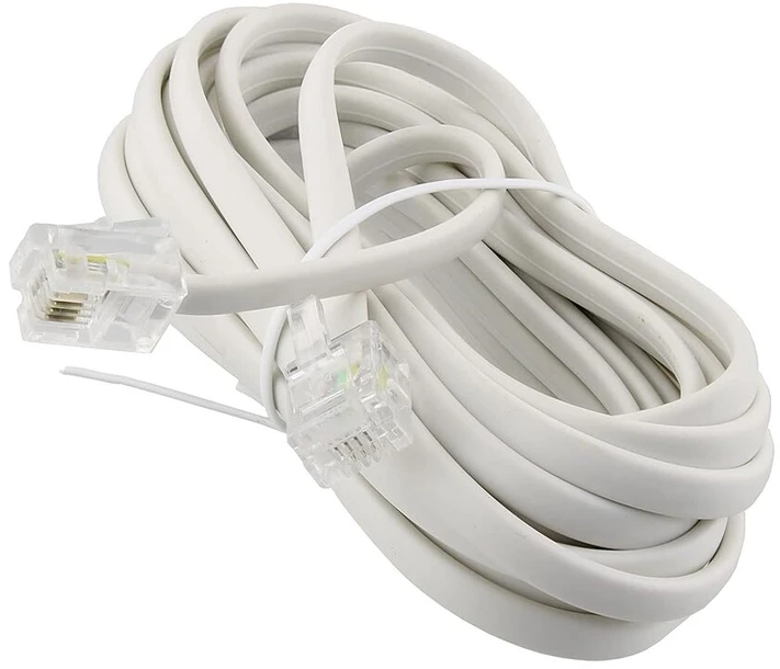 2 m ilgio rj11 kabelis, telefono kabelis, 6p4c western kabelis, rj11 į rj11 kištuką, plokščias kabelis, telefono lizdas, modemo maršrutizatorius, faksas, isdn, dsl, vdsl internetas, baltas, 2 metrai