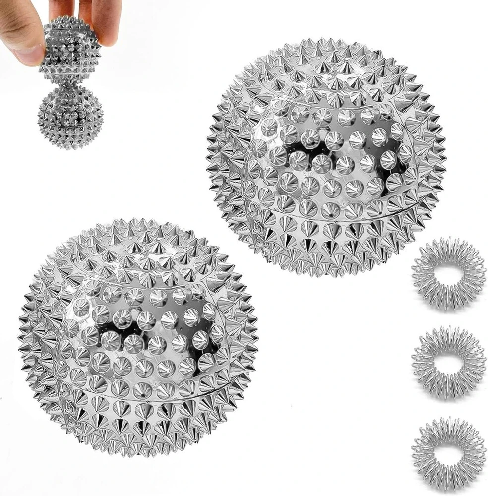 2 magnetinių masažinių kamuoliukų ežiuko kamuoliukas ir 3 masažiniai žiedai, magnetiniai akupresūros kamuoliukai, akupunktūriniai masažiniai kamuoliukai, jogos kamuoliukas streso mažinimo masažui (sidabrinis)
