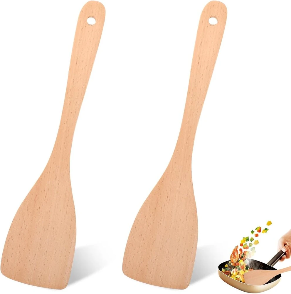 2 medinių mentelių rinkinys maisto gaminimui, 31,2 cm medinė mentelė, medinė mentelė maisto gaminimui, nepadengto keptuvės grandiklis, virtuvės įrankis su medine rankena, skirtas nelimpančioms keptuvėms
