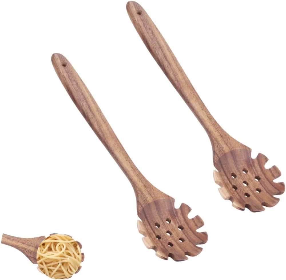 2 medinių šaukštų makaronams rinkinys, 32 cm / 12.6 colio, pakabinamas šaukštas spagečiams, samtis makaronams su dantukais, spagečių žnyplės spagečių koštuvui, kiaurasamtis makaronams, makaronų serviravimo įrankis spagečių koštuvui