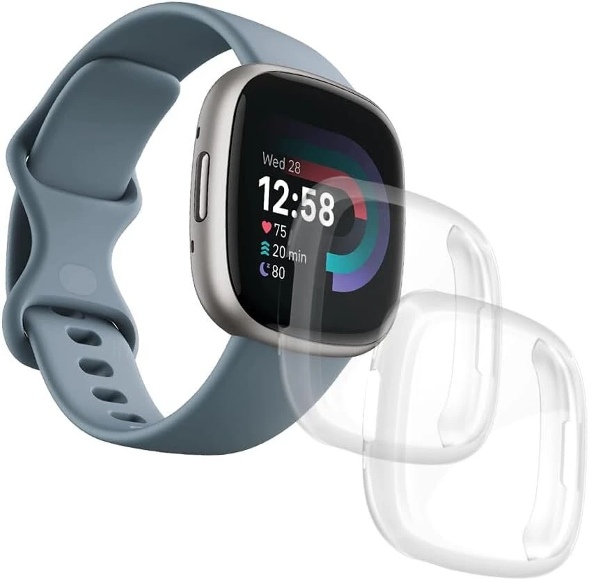 [2 pakuotė] dėklas, skirtas fitbit versa 4 / sense 2 ekrano apsaugai, pilnai apsaugantis buferis, minkšti tpu priedai - [skaidrus+permatomas]