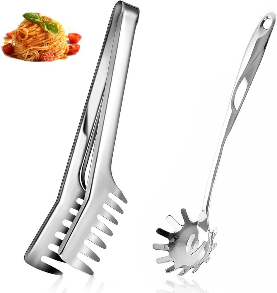 2 spaghetti šaukštų ir makaronų žnyplių rinkinys, spaghetti serviravimo rinkinys, galima plauti indaplovėje, pagamintas iš nerūdijančio plieno spaghetti šaukštų namams, viešbučiui, restoranui, banketui, bufetui ir kt.