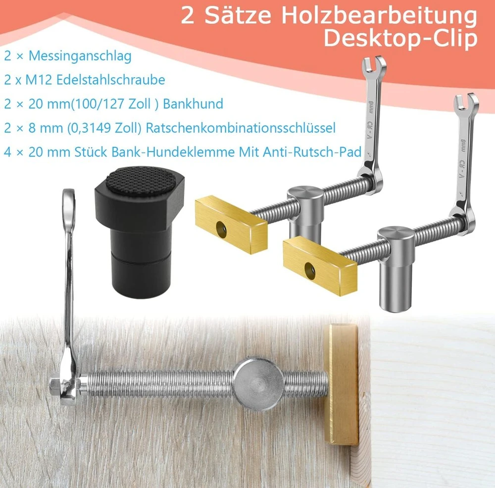 2 stalo darbastalio spaustuvų rinkinys su 4 suoliuko atramomis suoliuko kabliams, 20 mm skylė, medžio apdirbimo stalo spaustukas, greito fiksavimo spaustuvas, žalvario montavimo spaustuvas, stalo spaustukas (juodas)