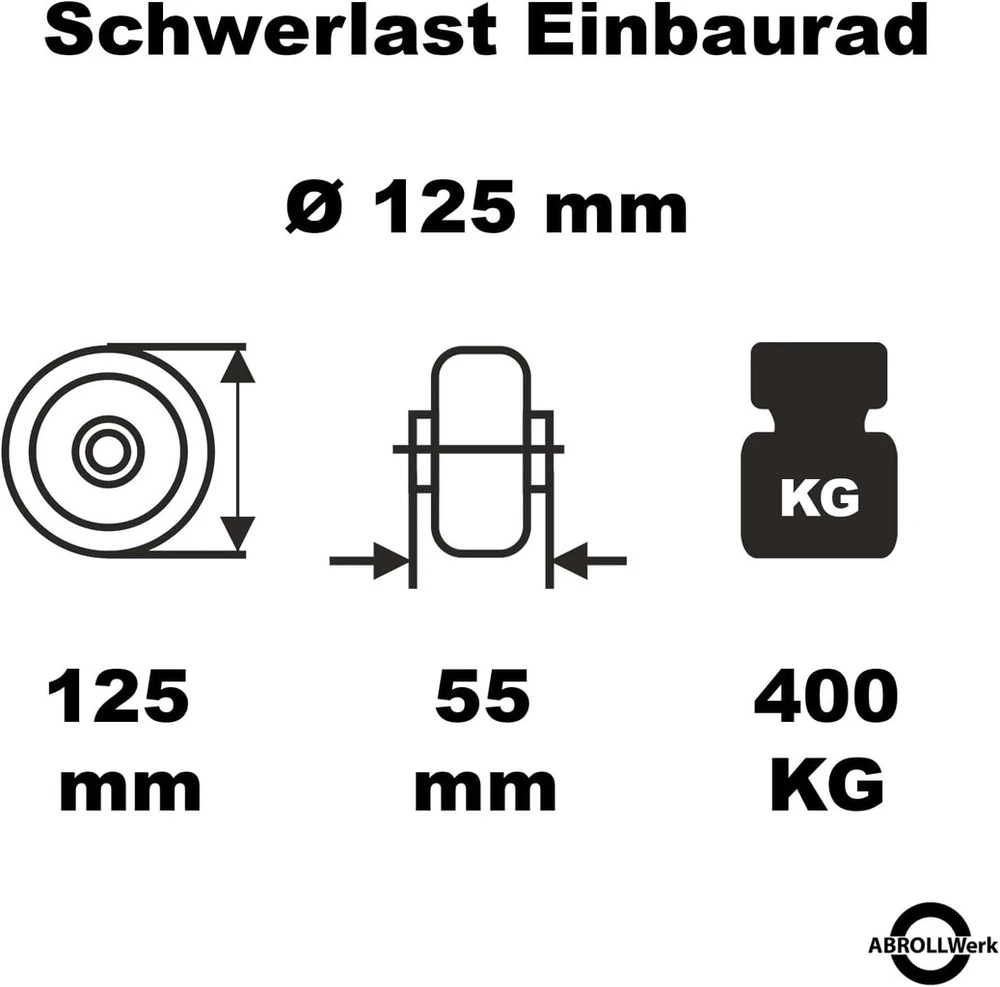 Lova 2 sunkiasvorių montavimo ratų komplektas, skersmuo 125 mm, aliuminio ratlankis ir poliuretano protektorius - apkrova 400 kg vienam ratui - dvigubas rutulinis guolis - pramoninė kokybė, skirtas transportavimui dirbtuvėse