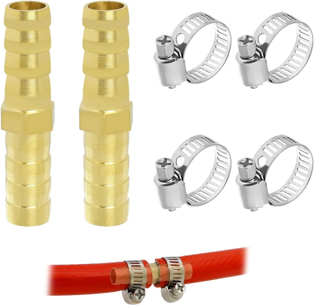 2 vnt. 8 mm žalvarinių žarnos antgalių, 2 krypčių tiesi žarnos jungtis su 4 spaustukais, nerūdijančio plieno vamzdžiams, skirti žalvariniams antgaliams, skirti vandeniui, kurui, orui