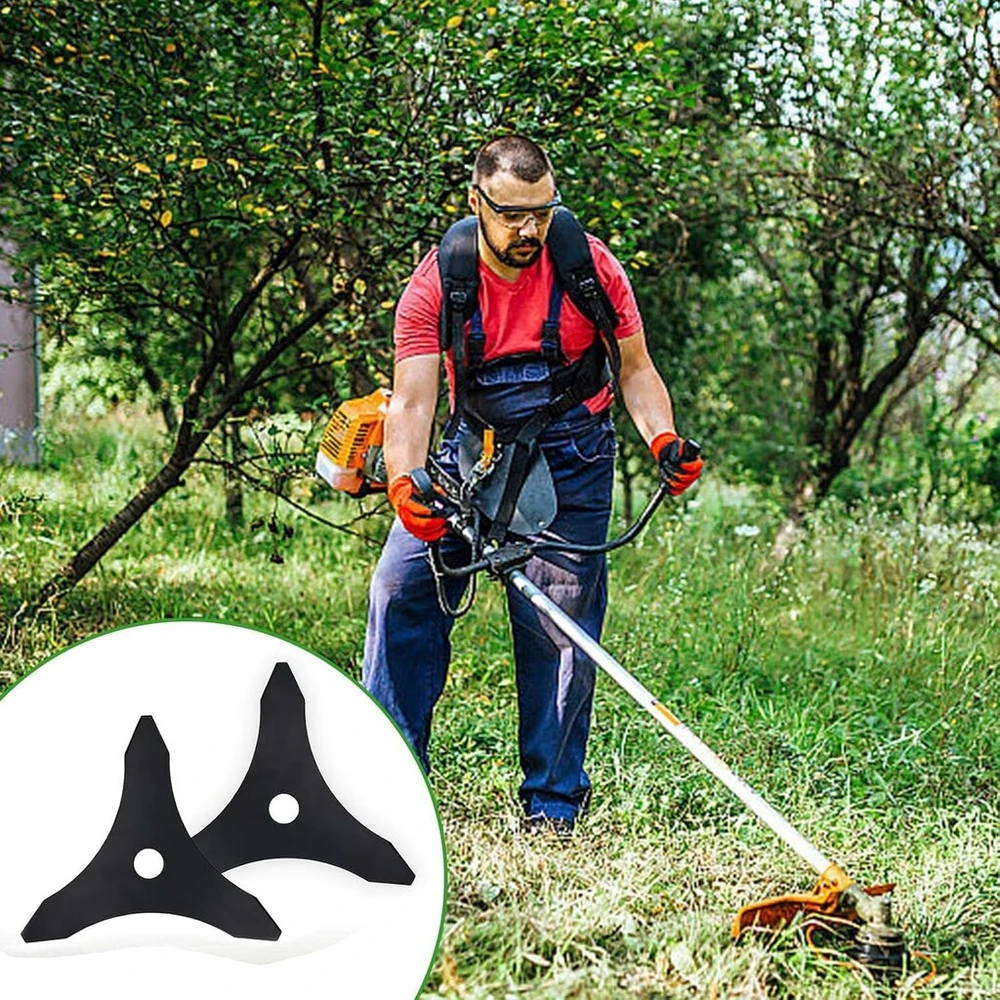2 vnt. mulčiuojančių peilių krūmapjovei, 3 dantų mangano plieno peilis, 25,4 mm skylės skersmuo, lengvas ir plonas, skirtas vejai ir piktžolėms (netinka storoms šakoms ar akmenims)