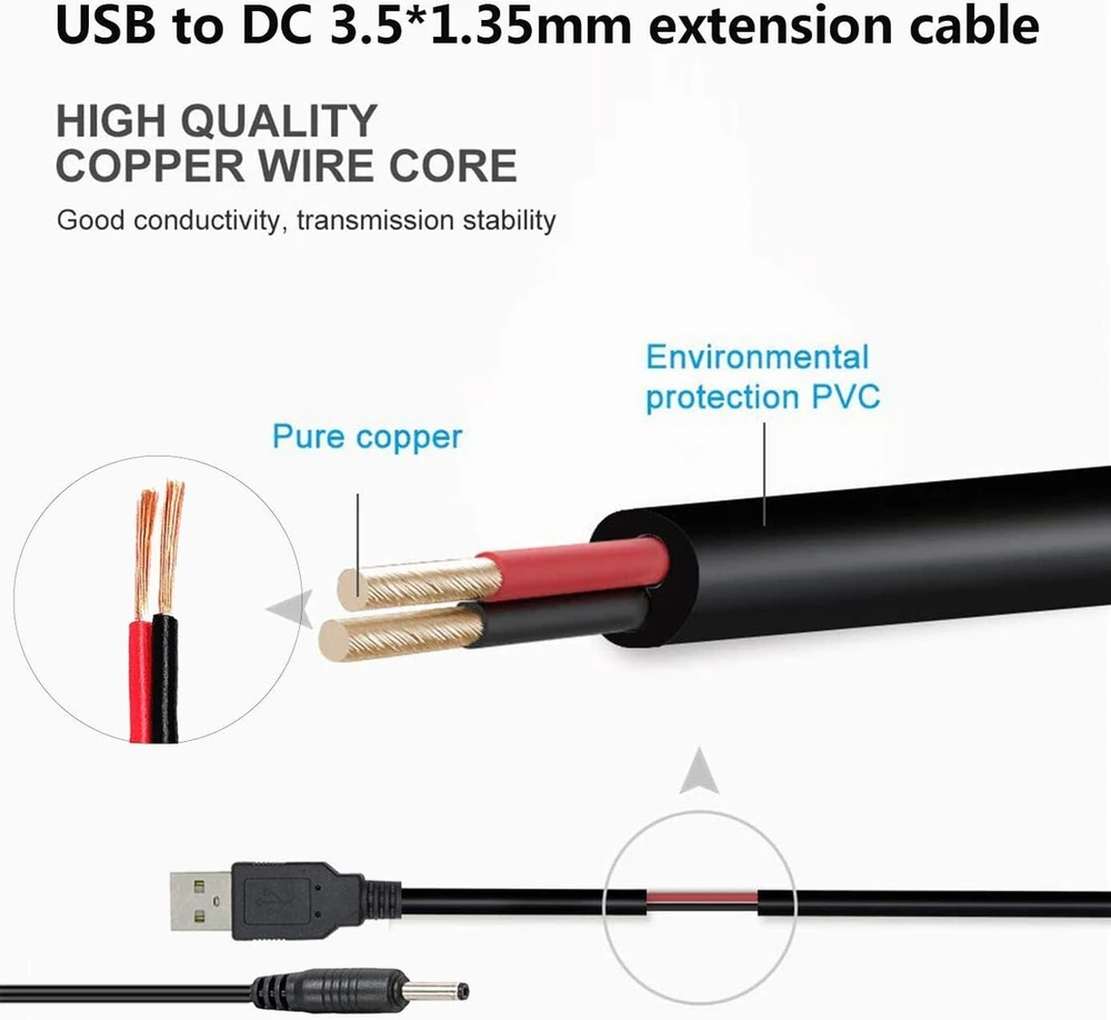 2 vnt. Usb A į Dc 1.35x3.5 mm maitinimo kabeliai, 1.5 m, juodi