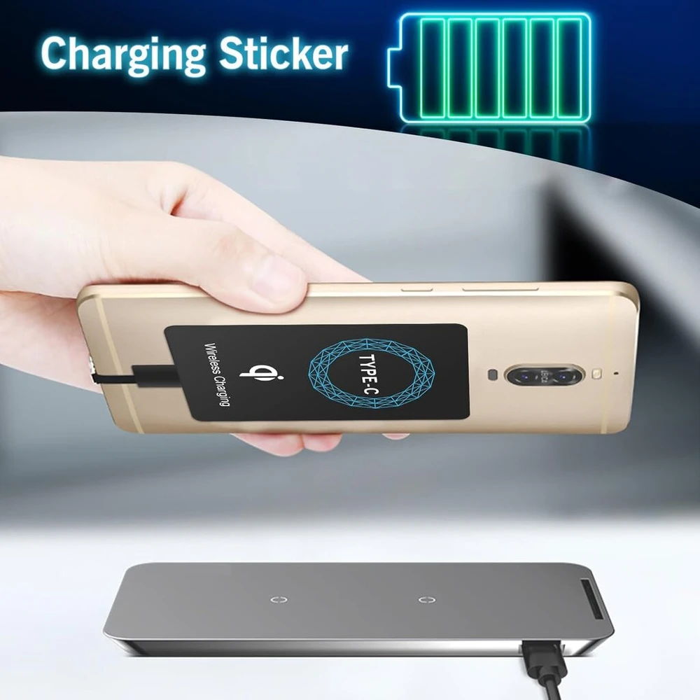 2 vnt. Usb C belaidžio įkrovimo imtuvas, itin plonas, su lipniu silikonu