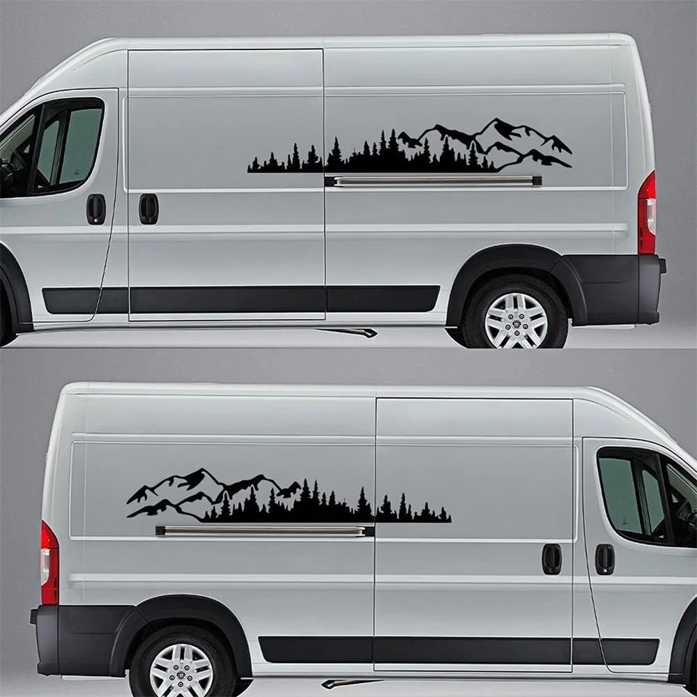 2 x Automobilio lipdukas kalnų lipdukas medis miškas kalnų kontūras palangė kalnai su miško vinilo grafikos lipdukų rinkiniu automobiliui kemperiui Rv Trailerca 190 cm