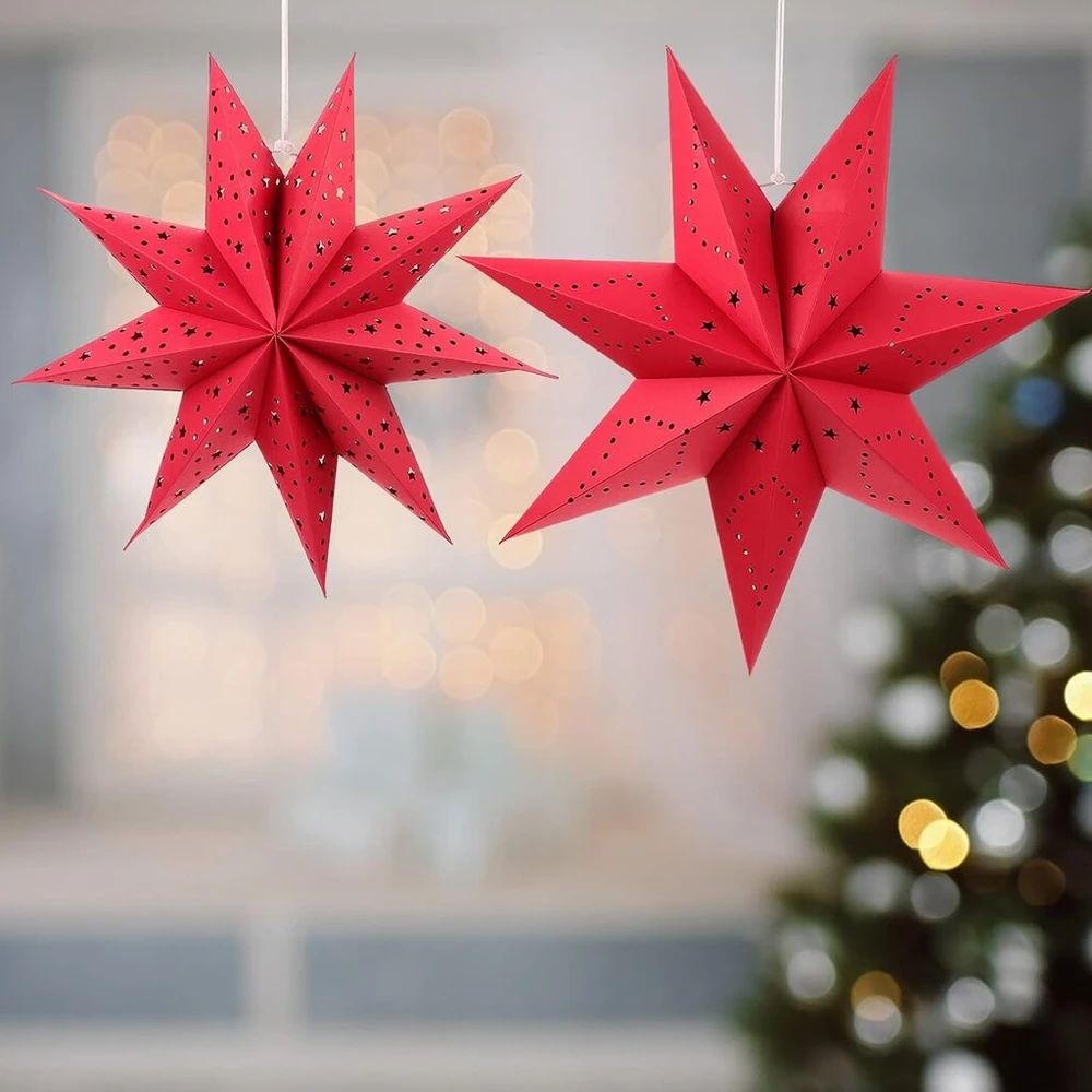 2 x Kalėdinė žvaigždės formos raudona popierinė lempa, dekoratyvinis devynių kampų žvaigždės origami gaubtas, kalėdinio vakarėlio dovana, 35 cm 45 cm