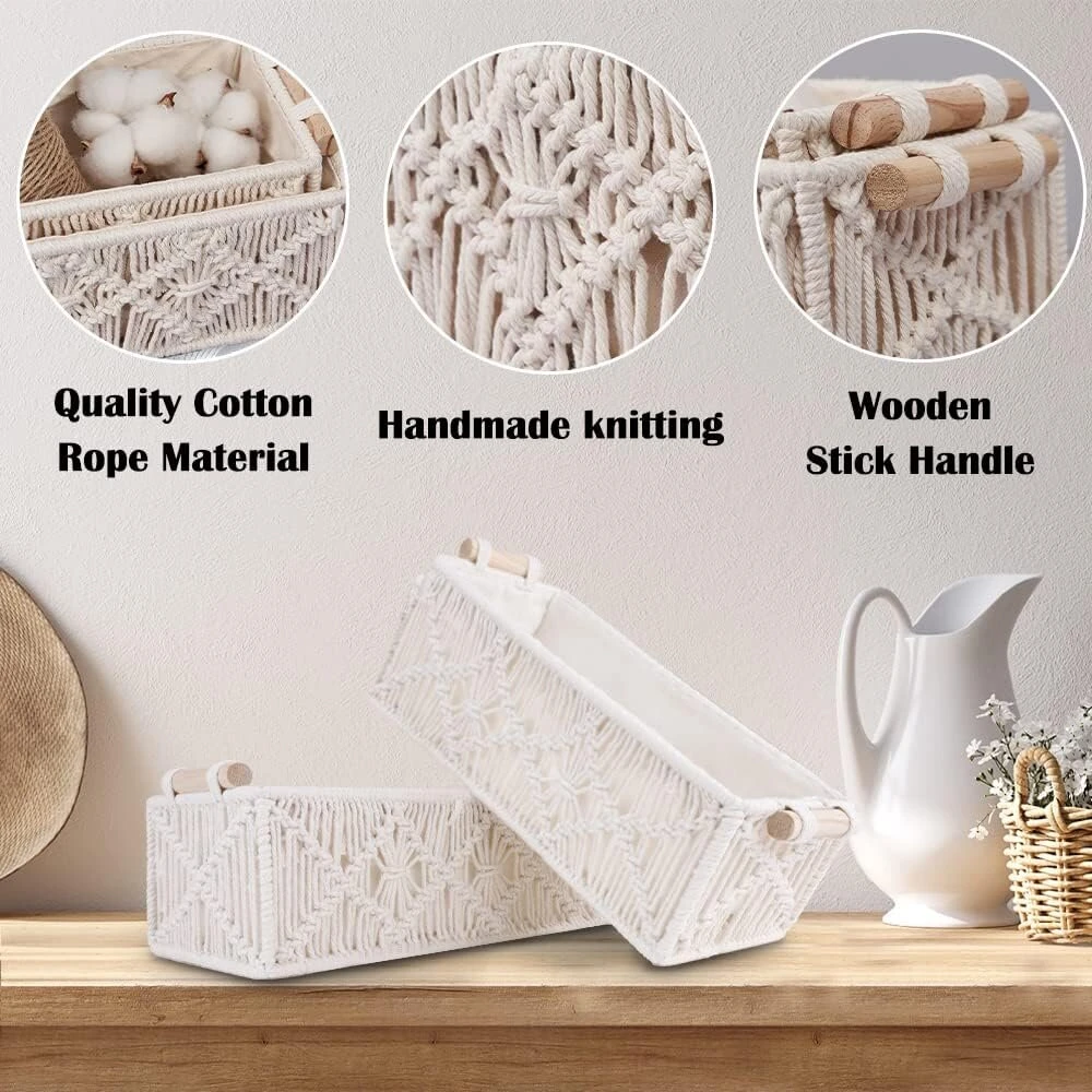2 x Macrame laikymo krepšiai su medinėmis rankenomis, Haotian-x Baltas Boho vonios kambario dekoras, pinti krepšiai lentynoms, rankų darbo stalviršio tualetinio staliuko spintelės dėžutės miegamajam