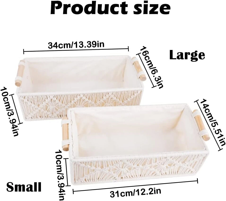 2 x Macrame laikymo krepšiai su medinėmis rankenomis, Haotian-x Baltas Boho vonios kambario dekoras, pinti krepšiai lentynoms, rankų darbo stalviršio tualetinio staliuko spintelės dėžutės miegamajam