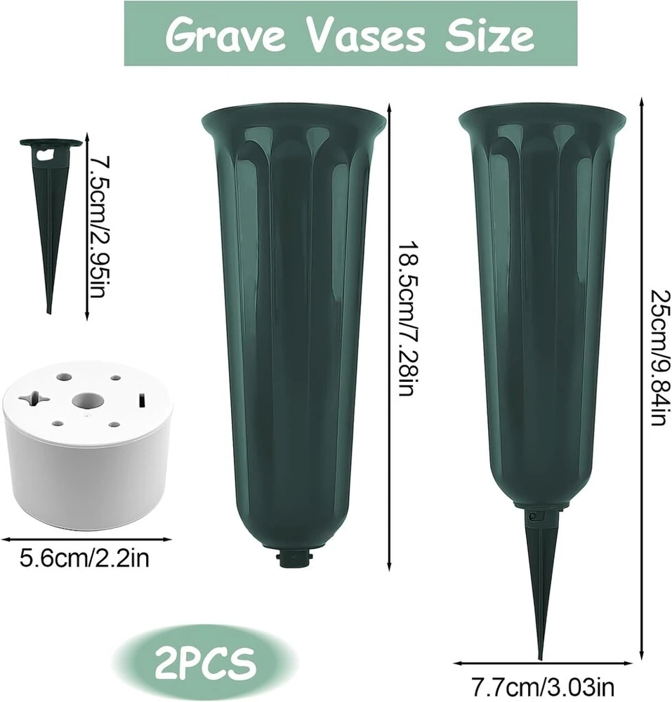 2 x plastikiniai vazonų įdėklai kapams, vazonas kapams su smaigaliu į žemę, patvarus vazono įdėklas kapinėms, įstatomi vazonai kapams, vazonai kapinėms, kiemams, kapams, sodo dekoracijos (žalias)