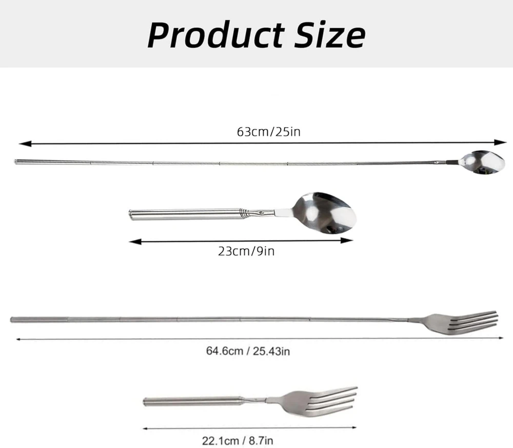 2 x Prailginamos šakutės-šaukštai, teleskopinės, nerūdijančio plieno, 20-64 cm