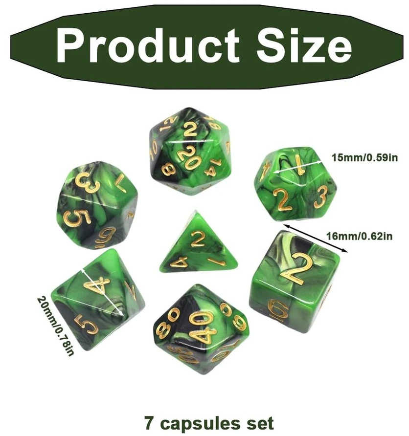 2 žaidimo kauliukų rinkinys, skirtas dungeons and dragons vaidmenų žaidimams, poliedrinių kauliukų rinkinys su juodu maišeliu (perlo tamsiai žalia + perlo violetinė)
