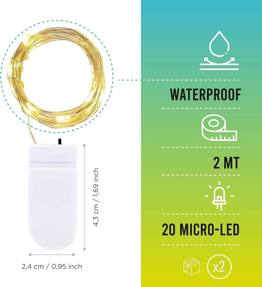 20 Led Mikroskupių Girliandos ant Baterijų, 2m, Vario Viela, Šiltai Balta