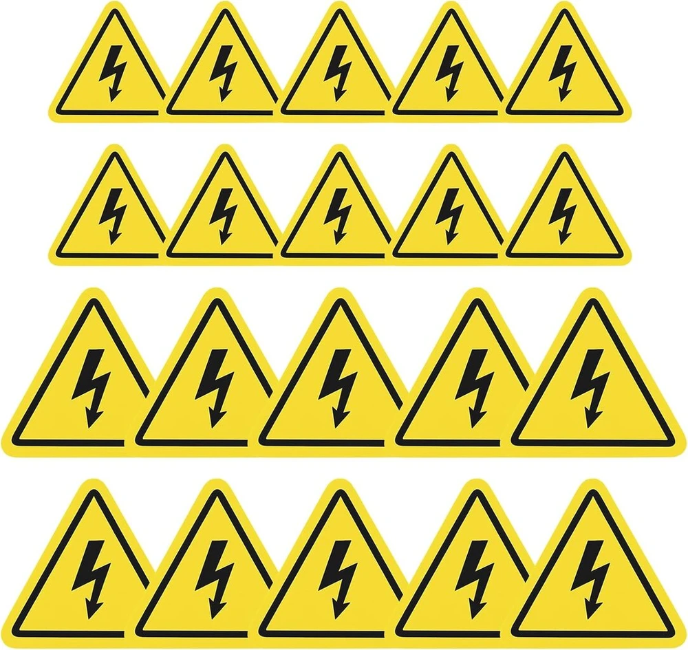 20 lipdukų rinkinys įspėjamasis ženklas apie elektros pavojų, įspėjimas apie elektros įtampą, aukštos įtampos įspėjamasis lipdukas, trikampis ženklas, folijos įspėjamasis lipdukas, 5 ir 10 cm dydžio, skirtas naudoti patalpose ir lauke