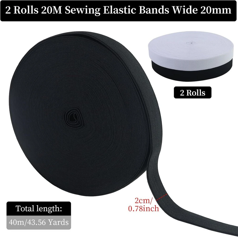 20 m x 20 mm juoda balta elastinė juosta, plati elastinė juosta siuvimui, dvi elastinės juostos, juoda, apvado juosta juosmeniui, elastinės juostos siuvimui, audinio juosta siuvimui buitiniams "pasidaryk pats" amatams