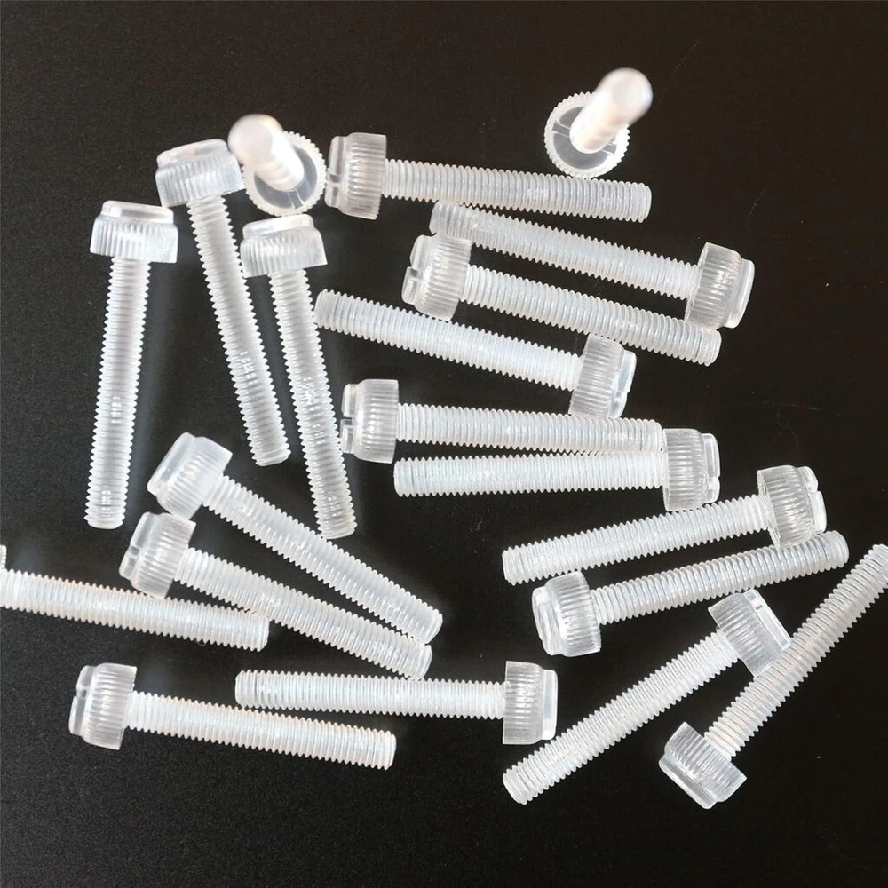 20 skaidrių permatomų plastikinių akrilinių varžtų su galvute pakuotė, su grioveliu + rifliuotas M6 x 20 mm