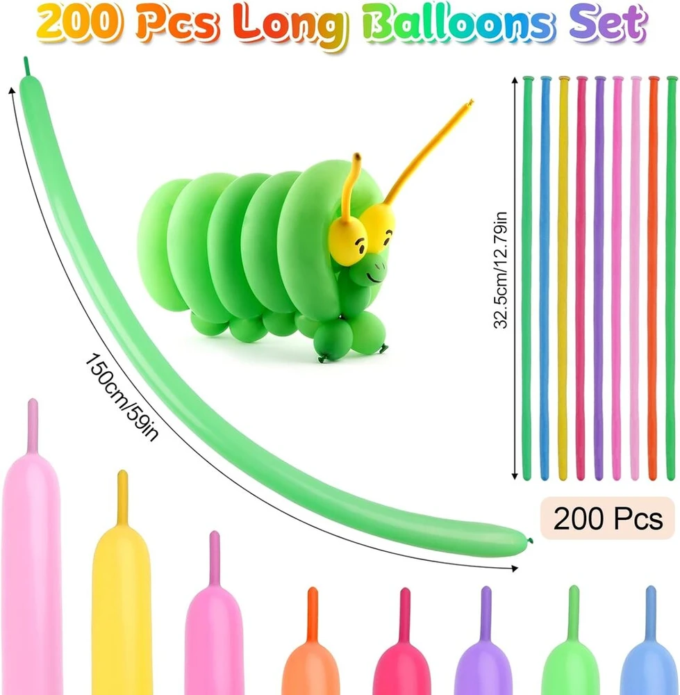 200 modeliavimo balionų rinkinys, įvairiaspalviai ilgi balionai formavimui, magiški lateksiniai balionai, 30 cm ilgio modeliavimo balionai, skirti "pasidaryk pats", vakarėlių dekoravimui (atsitiktinė spalva)