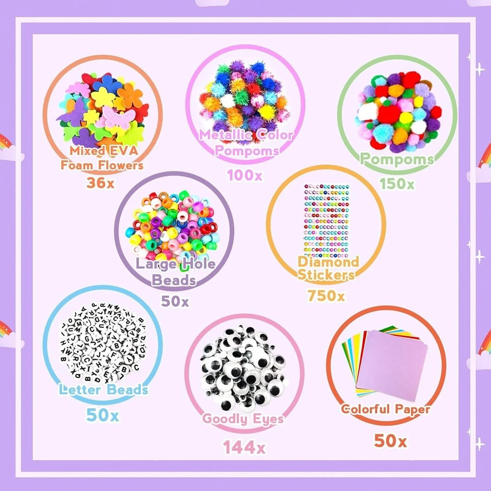 2000 dalių rankdarbių rinkinys vaikams, rankdarbių dėklas vaikams, „pasidaryk pats“ rankdarbių medžiagos, pūkuoti laideliai, judančios akys, scrapbooking rankdarbių dėžutė, rankdarbių reikmenys mergaitėms berniukams 4 5 6 7 8 9 10 11 12 metų dovana