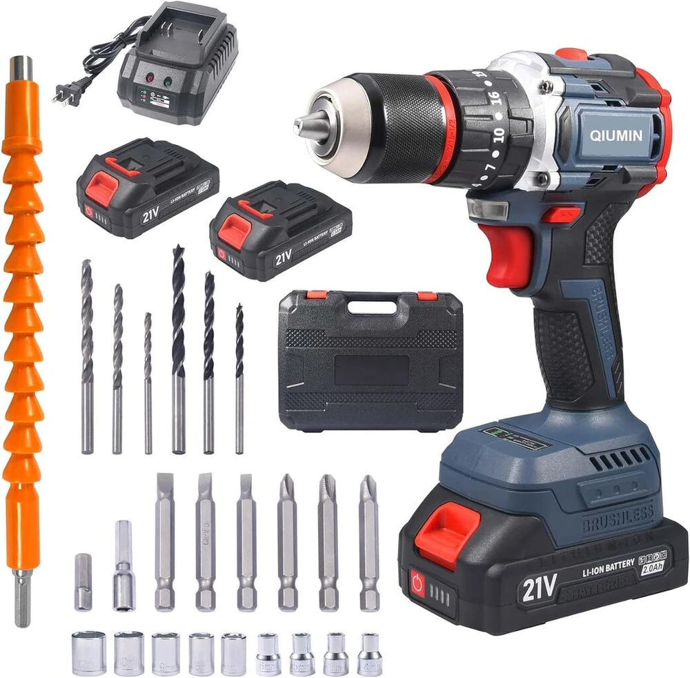 21 V Brushless akumuliatorinis suktuvas-gręžtuvas, akumuliatorinis gręžtuvas su 2 baterijomis 2000 Mah ir 1 greituoju įkrovikliu, akumuliatorinis gręžtuvas 55 Nm Max sukimo momentas, 13 mm gręžimo griebtuvas, 35 + 3 sukimo momento nustatymai, 24 dalys