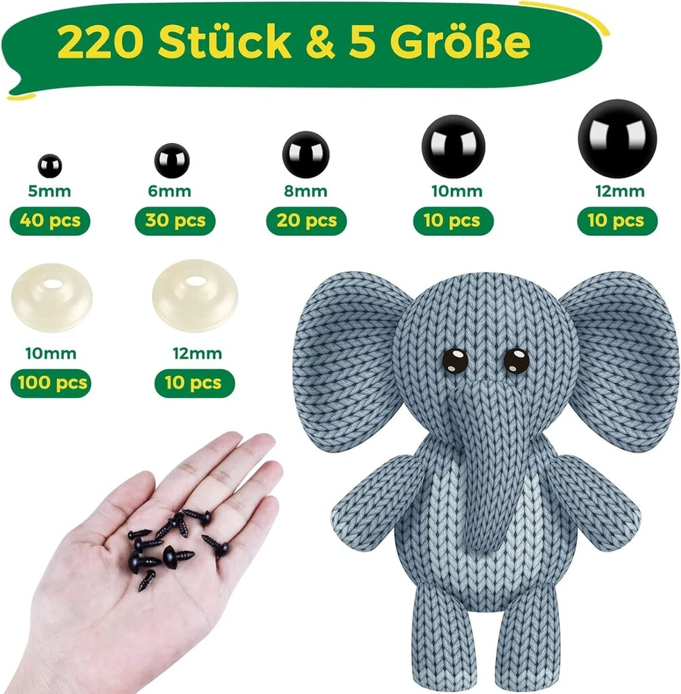 220 Vnt. Saugumo Akių Amigurumi Lėlėms, 5-12 mm, Su Tvirtinimais