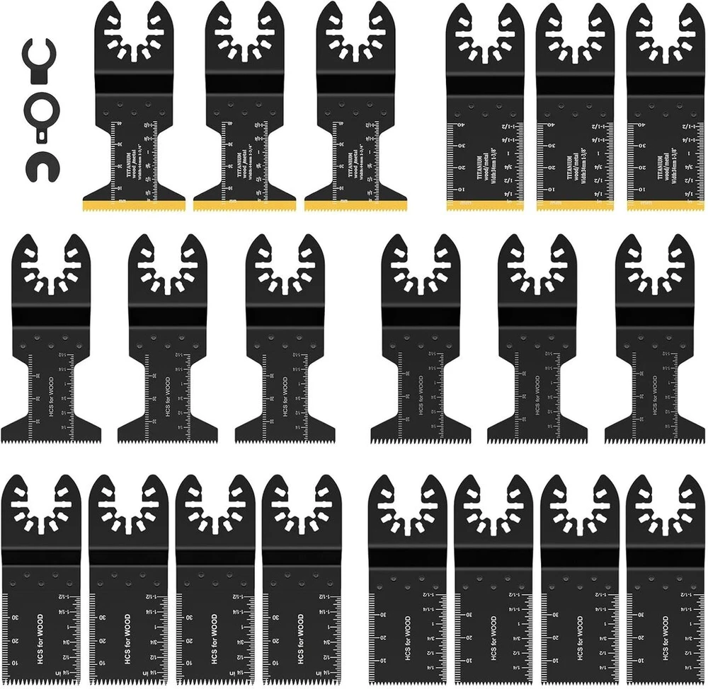 23 dalių multitool pjūklų rinkinys bimetaliniai titano multitool priedai su colių milimetrų skale suderinamas milwau-kee osciliuojančių priedų rinkinys skirtas medžiui metalui