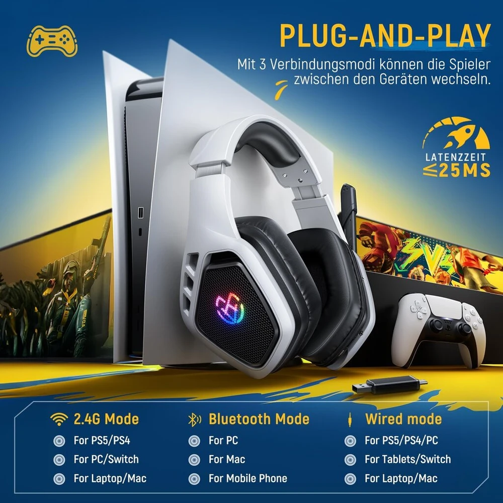 2.4 Ghz belaidės žaidimų ausinės, skirtos Ps5/ps4/pc (usb-a prievadas) - 40 val. baterijos veikimo laikas, erdvinis garsas su 360° lanksčiu mikrofonu, belaidės ausinės, skirtos Switch/planšetiniams Kompiuteriams/mac ir telefonui (usb-c prievadas)