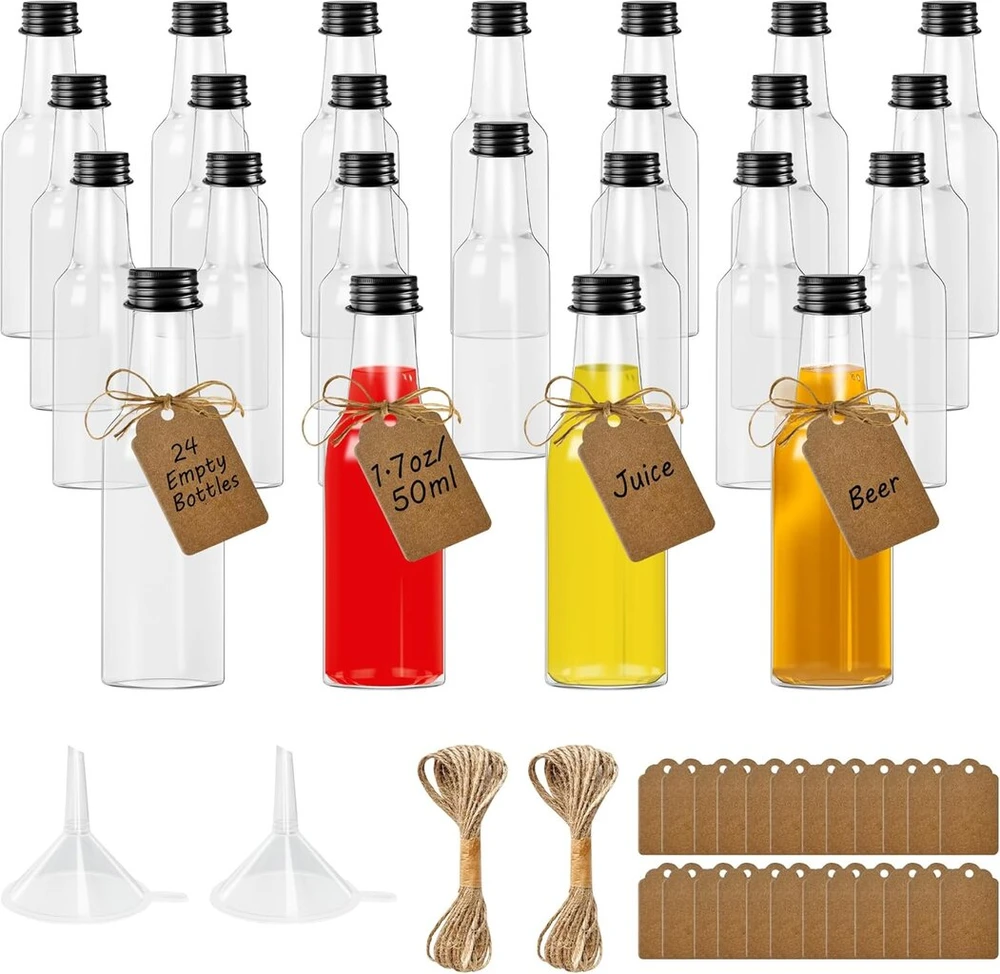 24 miniatiūrinių plastikinių buteliukų rinkinys po 50 ml, maži plastikiniai buteliukai su dangteliais ir piltuvėliais, buteliukai likeriui pilstyti po 50 ml, daugkartinio naudojimo tušti plastikiniai buteliukai Tyanlenr kelionėms, vakarėliams