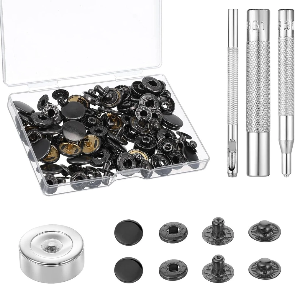 24 rinkiniai spaudžių, 15 mm metalinių spaudžių rinkinys, metalinis odinių spaudžių rinkinys su 4 montavimo įrankiais, tvirtos odinės spaudės drabužiams, kepurėms, striukėms, džinsams, drobei (juodos)