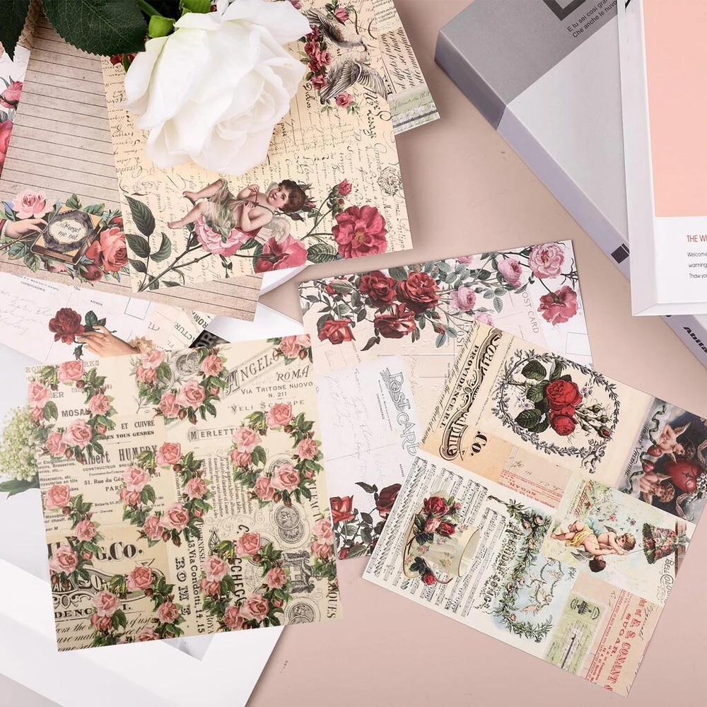 24 vnt. vintažinio scrapbooking popieriaus rinkinys, 12 dizainų, vienpusis scrapbooking popierius, rožių estetika, dekoratyvinis rankdarbių popierius, rankų darbo valentino dienos kartonas scrapbooking "pasidaryk pats" amatų nuotraukų dekoravimui