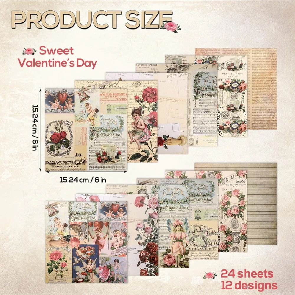 24 vnt. vintažinio scrapbooking popieriaus rinkinys, 12 dizainų, vienpusis scrapbooking popierius, rožių estetika, dekoratyvinis rankdarbių popierius, rankų darbo valentino dienos kartonas scrapbooking "pasidaryk pats" amatų nuotraukų dekoravimui