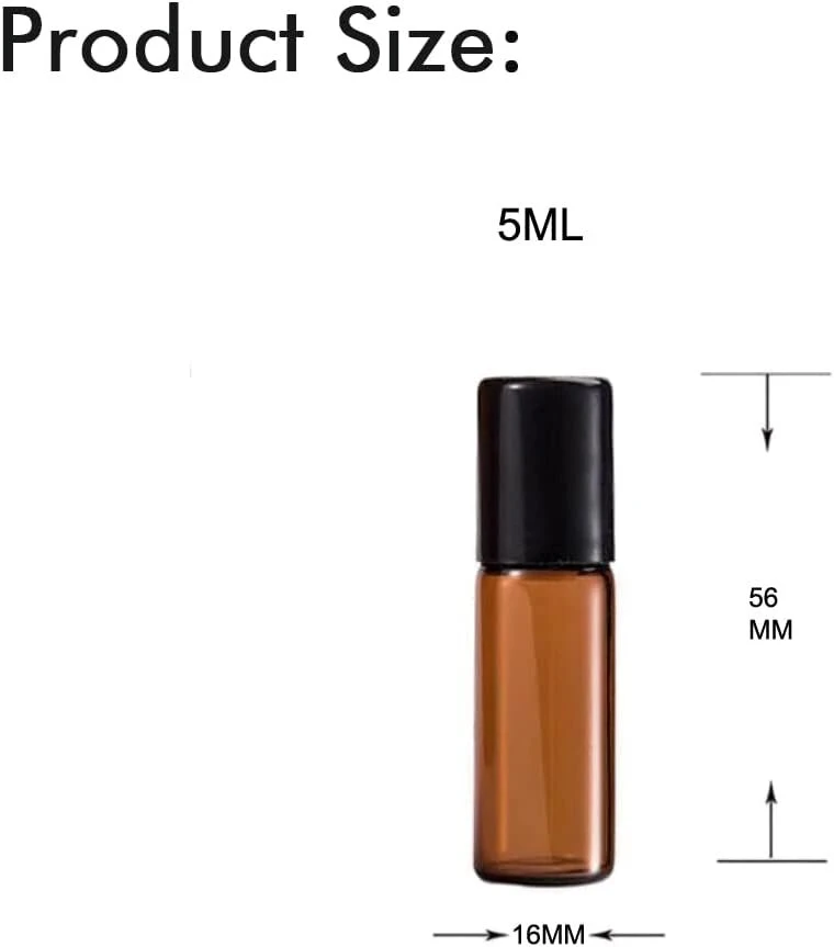24vnt. amber spalvos tuščias stiklinis roll-on buteliukas su metaliniu rutuliuku ir juodais dangteliais eteriniams aliejams, kvepalams, lūpų blizgiams, balzamams (5 ml)