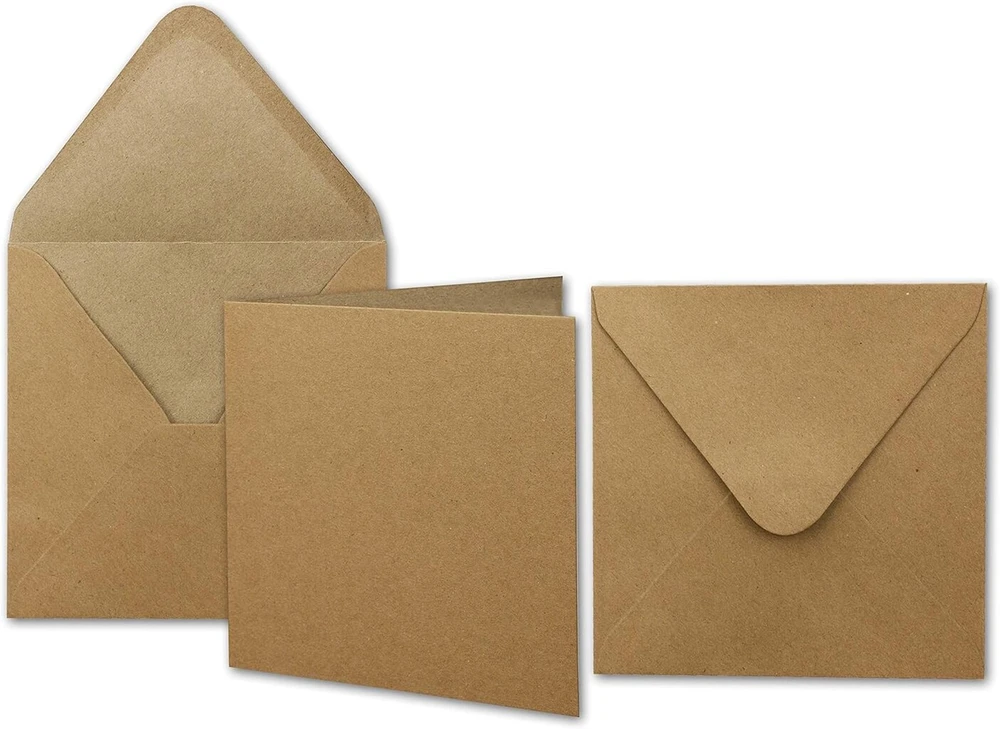 25 kraft popieriaus kortelių rinkiniai kvadratiniai 13,5 x 13,5 cm su vokais laiškams - perdirbtas vintažinis kortelių rinkinys - kvietimams